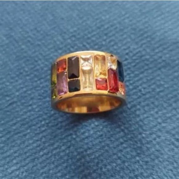 Gold solid titanium multi color Swarovski crystal boho ring sz 9  new - Picture 2 of 9